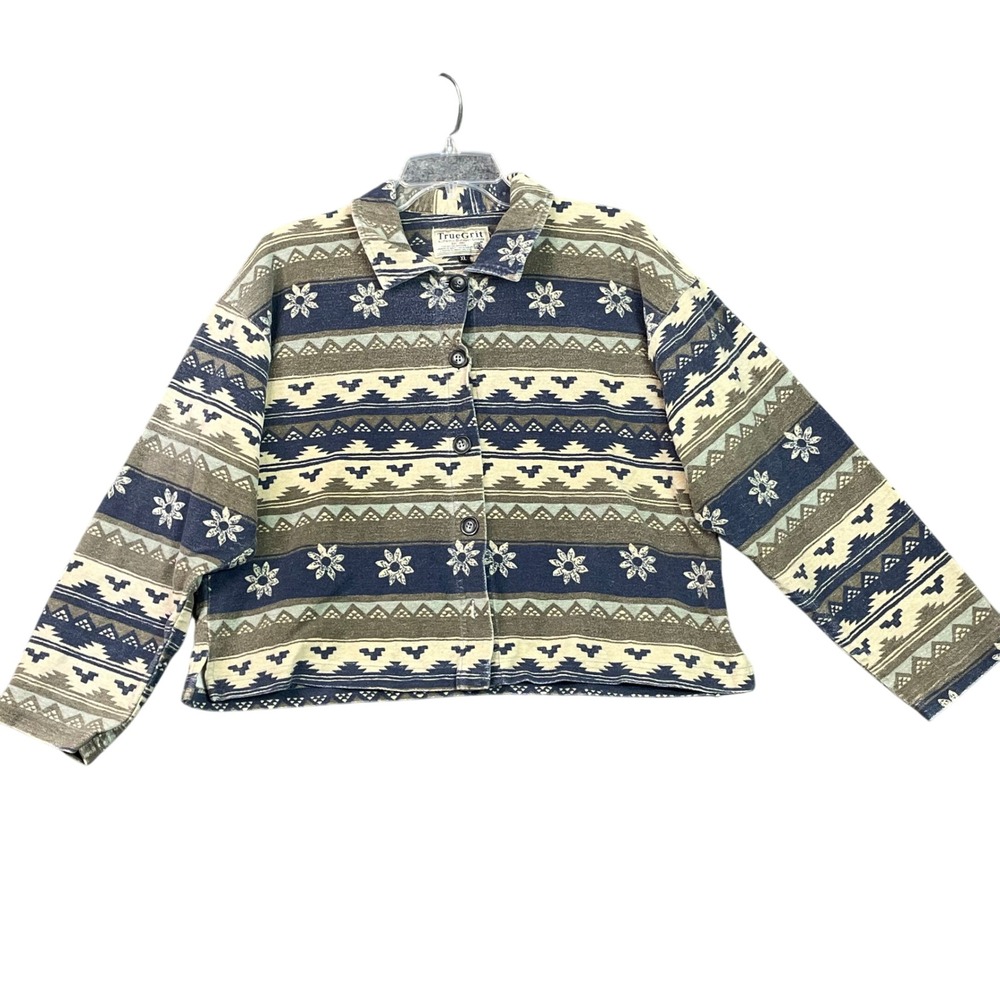 True Grit Jacket Women XL Blue Southwestern Geometric Tapestry Button Up Cropped